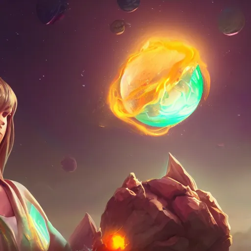 Prompt: a player goddess rolling a planet on finger floating in space, highly detailed, digital painting, artstation, octane render, concept art, matte, sharp focus, hearthstone, illustration