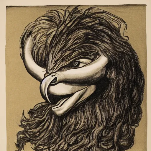 Image similar to human / eagle / lion / ox hybrid with two horns, one big beak, mane, human body. drawn by francis bacon