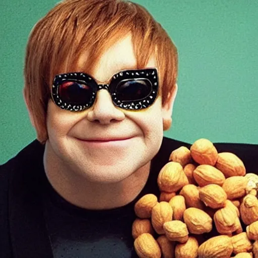 Prompt: photo of a peanut that looks like elton john