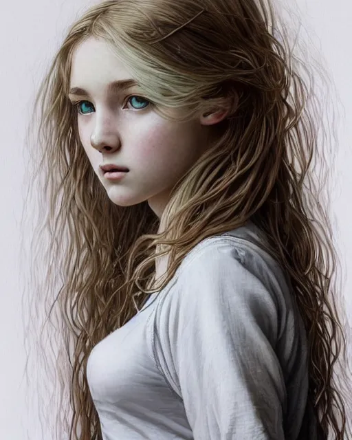 Image similar to portrait of 1 6 - year - old woman with dirty blonde hair down to her waist, pale eyebrows and protuberant silver eyes, wearing white shirt, hyper realistic face, beautiful eyes, fantasy art, in the style of greg rutkowski, intricate, alphonse mucha, hyper detailed, smooth