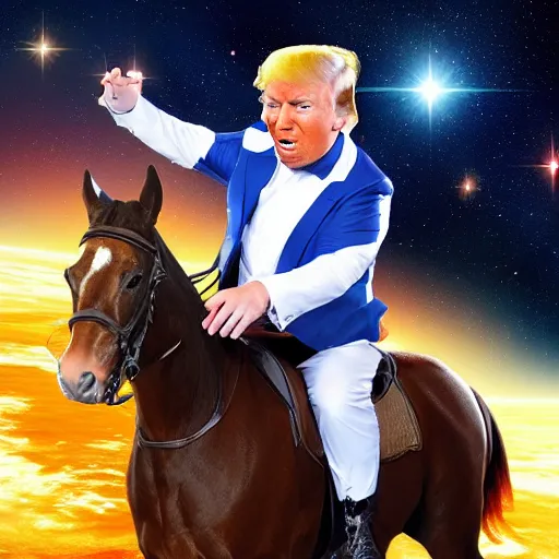 Image similar to donald trump riding a horse in space, hd photo