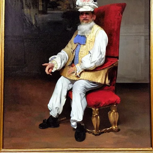 Prompt: An oil painting in baroque style, from 1660, of an old man sitting on a chair. By Édouard Manet and Rembrandt, detailed. The man is wearing a detailed blue hat on his head. He is wearing detailed royalty clothes, and his hands are on his knees. The chair he is sitting on is a beautiful chair, red and gold colours.