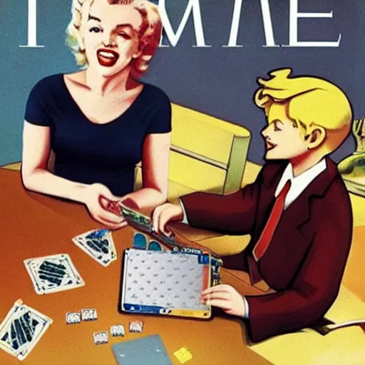 Image similar to time magazine cover photo of marilyn monroe and jfk playing yu - gi - oh with dual disks