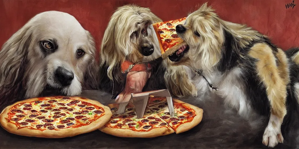 Prompt: a handsome dog the bounty hunter shares pizza with a furry, by wanda gag