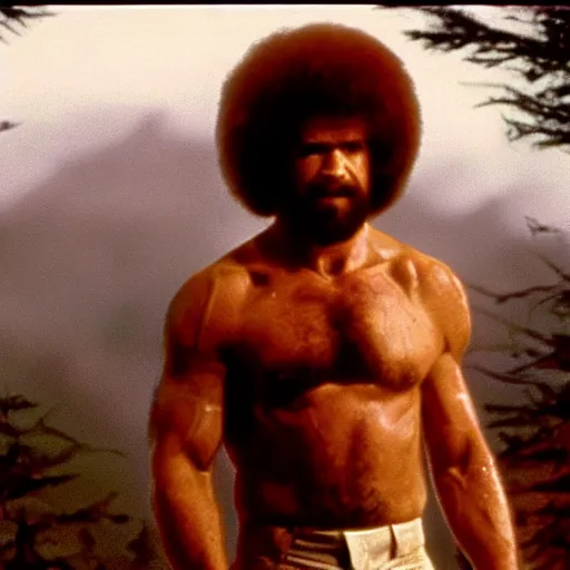 Image similar to A still of Bob Ross as Rambo in Rambo First Blood (1982), cinematic shot, dramatic lighting