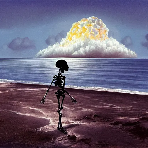 Prompt: a skeleton walking on a beach next to the ocean with nuclear bomb explosion in the background, a naturalism painting by Storm Thorgerson, featured on cg society, matte painting, realistic, chillwave, anatomically correct, light colors, photo-realistic huge mushroom-cloud, skull, hands