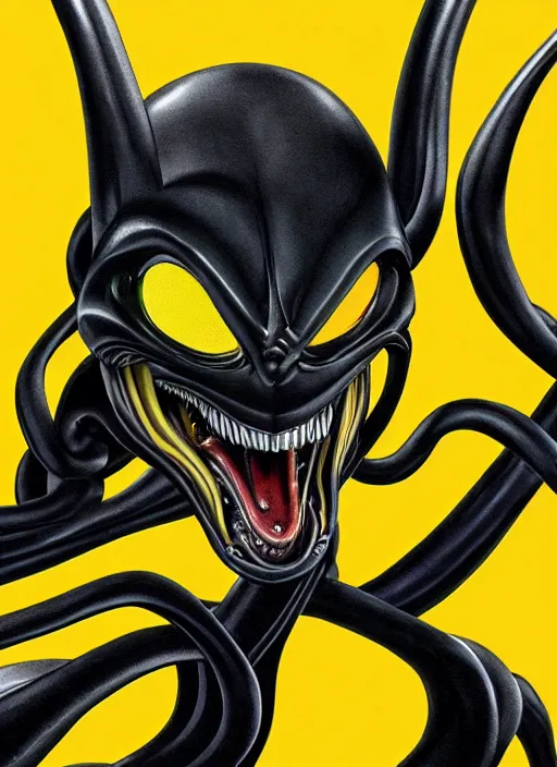 Image similar to a close up of a xenomorph face on a yellow background, an airbrush painting by osamu tezuka, behance, mingei, logo, concert poster, poster art