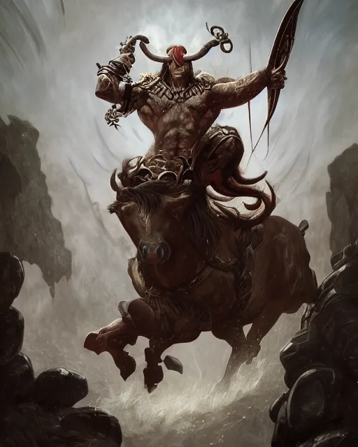 Prompt: Horse barbarian, minotaur, bull, centered, portrait, symmetrical, Path of Exile, Diablo, Warhammer, digital painting, highly detailed, concept art, Nekro, Peter Mohrbacher, Alphonse Mucha, Brian Froud, Yoshitaka Amano, Kim Keever, Victo Ngai, James Jean