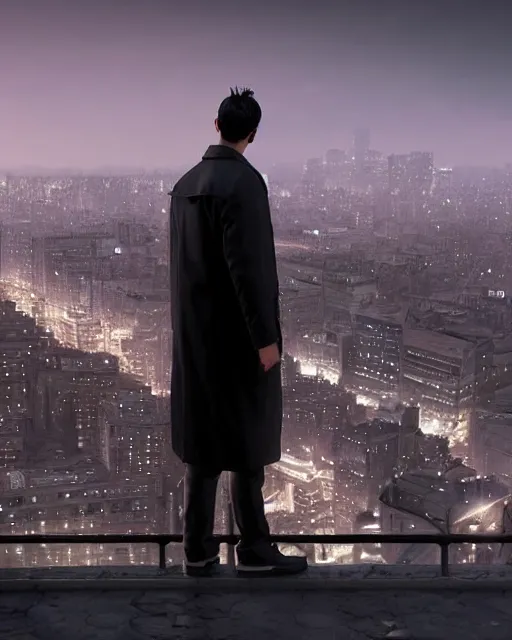 Image similar to a night rooftop scene, close up shot of a photorealistic gangster wearing a trench coat looking at the city below, unreal engine, hyper realism, realistic shading, cinematic composition, by Tarmo Juhola