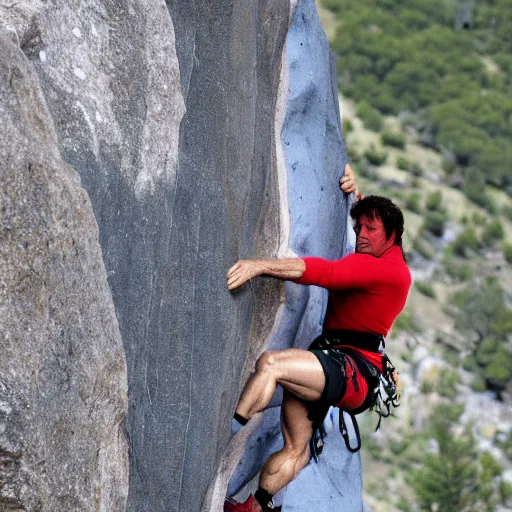 Image similar to sylvester stallone climbing a difficult rock climbing mountain