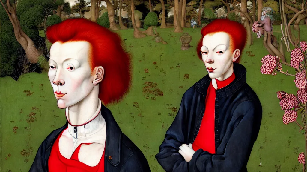 Prompt: portrait of a androgynous woman with red hair, wearing a jeans jackets, a high collar t - shirt and baggy jeans, in the style of rogier van der weyden and jacopo da pontormo, standing in a botanical garden, bjork aesthetic, masterpiece, cyberpunk, asian art, intricate details, highly detailed
