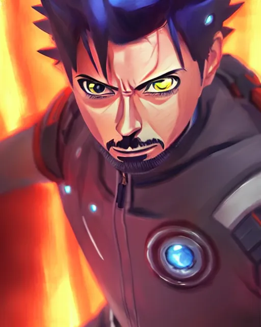 Image similar to tony stark in naruto fighting naruto, medium shot close up, details, sharp focus, illustration, by jordan grimmer and greg rutkowski, trending artstation, pixiv, digital art