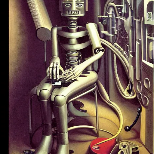 Image similar to robot artist artist painting a self portrait, by clyde caldwell, james c. christensen, h. r. giger, george tooker