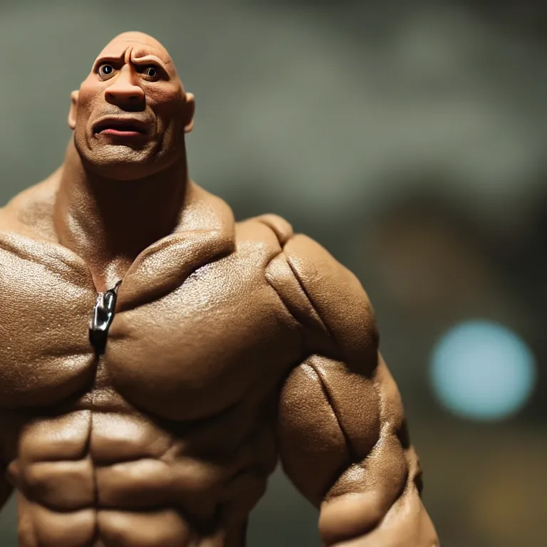 Image similar to a cinematic film still of a claymation stop motion film starring dwayne the rock johnson, shallow depth of field, 8 0 mm, f 1. 8