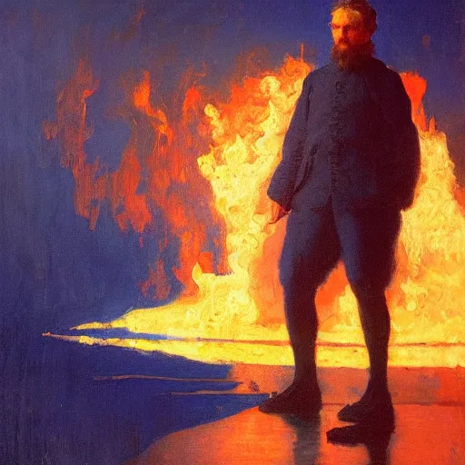 Image similar to high quality high detail painting by ilya repin, silhouette man standing in front of huge blue flames, hd