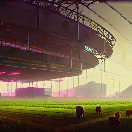 Image similar to a farm inside of a stadium, Simon Stalenhag, Wadim Kashin, solarpunk, 4K, cinematic