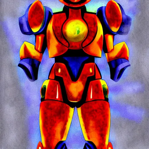 Image similar to samus in a mega man suit, digital painting