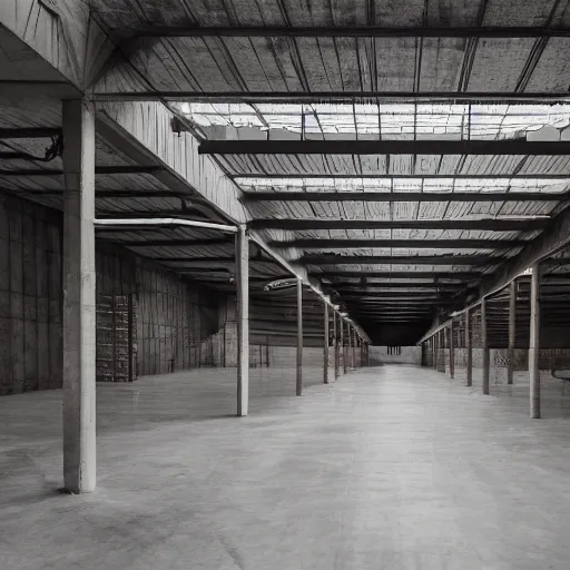 Image similar to warehouse interior in the brutalist style
