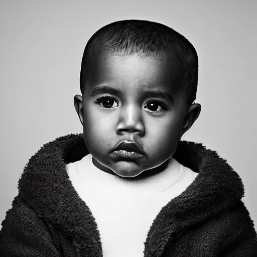 Prompt: the face of kanye west at 3 years old, portrait by julia cameron, chiaroscuro lighting, shallow depth of field, 8 0 mm, f 1. 8