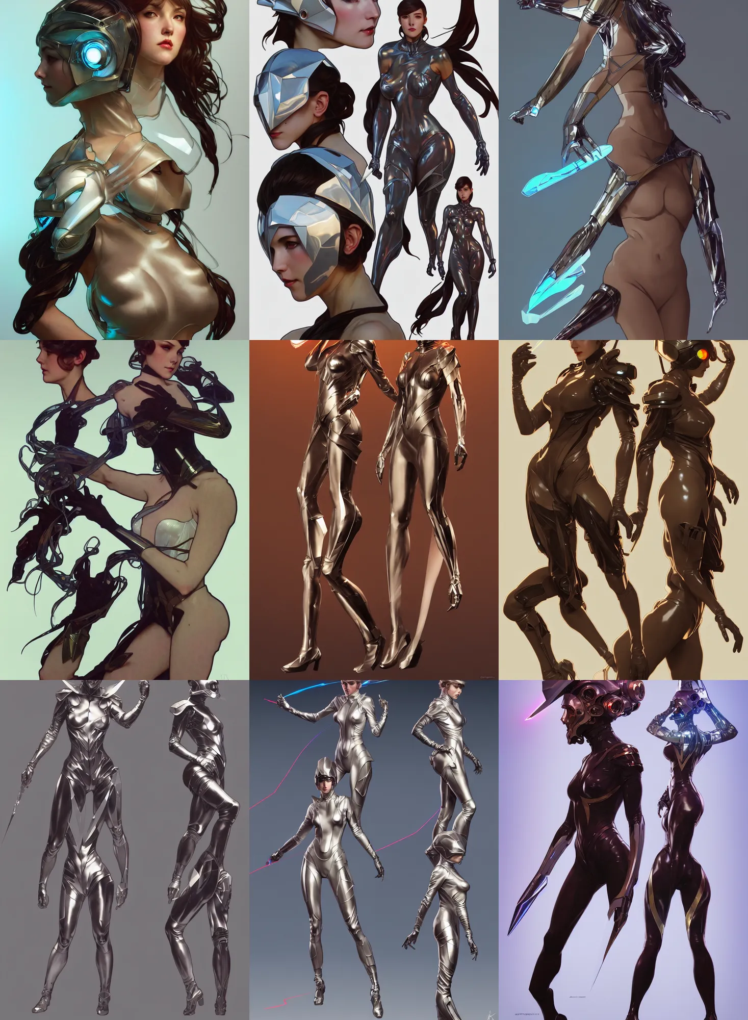 Image similar to a full body character design by artgerm, cushart krenz, greg rutkowski and alphonse mucha. sci - fi dagger. laser and translucent plastic tape project show attctive showgirl!! sci - fi helmet!! sharp edges. ultra clear detailed. contour light effect!! 8 k. ultra detailed, elegant, intricate, octane render.