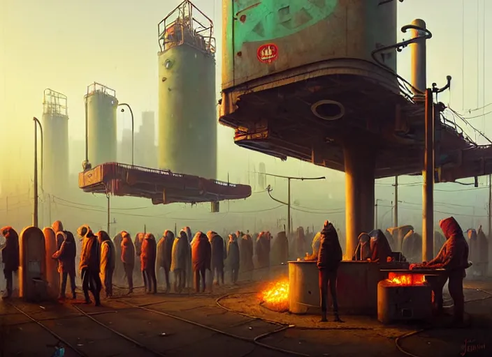 Prompt: waiting in line for crude oil by simon stalenhag and gil elvgren and tom bagshaw and marc simonetti and jan miense molenaer and arthur adams, dystopian slums, diner, highly detailed, hyperrealism, smog, low contrast, low saturation, gas masks