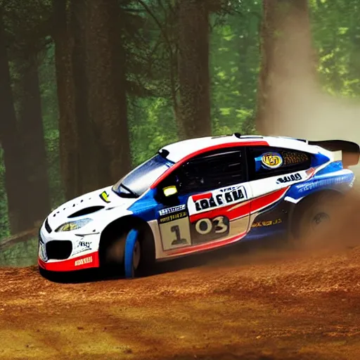 Image similar to close up of rally racing car in forest, cinematographic shot, cartoon