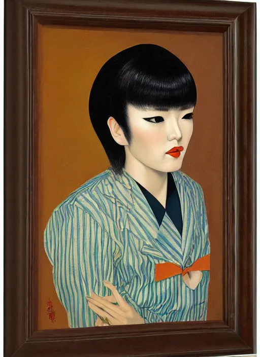Prompt: painting of a japanese woman with bangs, kitsch, by vladimir tretchikoff