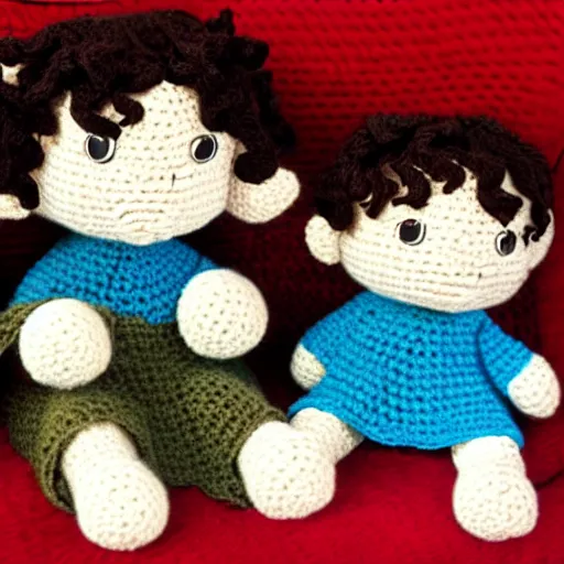 Prompt: Frodo and Balrog sitting on a couch, crochet
