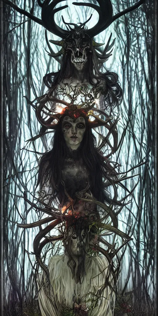 Image similar to intense glowing black metal pagan god with antlers and fangs and intense glowing eyes with a goat skull in very dark forest by marco mazzoni and alphonse mucha, portrait, fantasy, clear, light beams, lens flare, intense, uhd, amazing depth, cinematic lighting