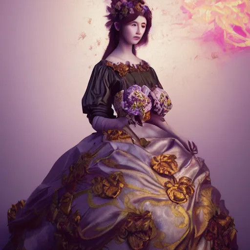 Image similar to 8k, octane render, realism, tonalism, renaissance, rococo, baroque, portrait of a young lady wearing long manga dress with flowers and skulls, background chaotic gold leaf flowers