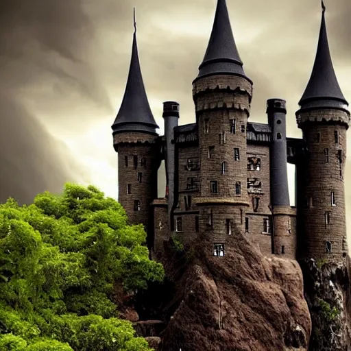 Image similar to dark stormy towering castle with lots of turrets on a cliff, thunder and lightning, atmospheric fantasy