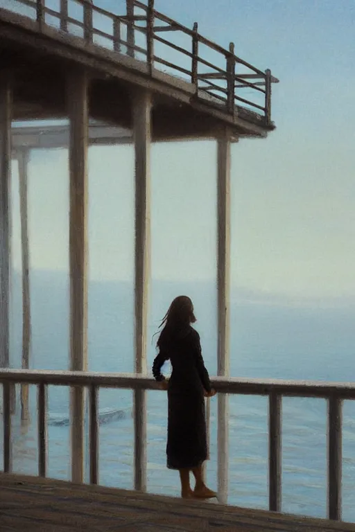 Prompt: painting of a woman standing at the end of a pier, the pier is white and has white railing, she is visible from behind and from distance, the sea surrounding the pier is calm, soft evening light, volumetric lighting, style of greg rutkowski