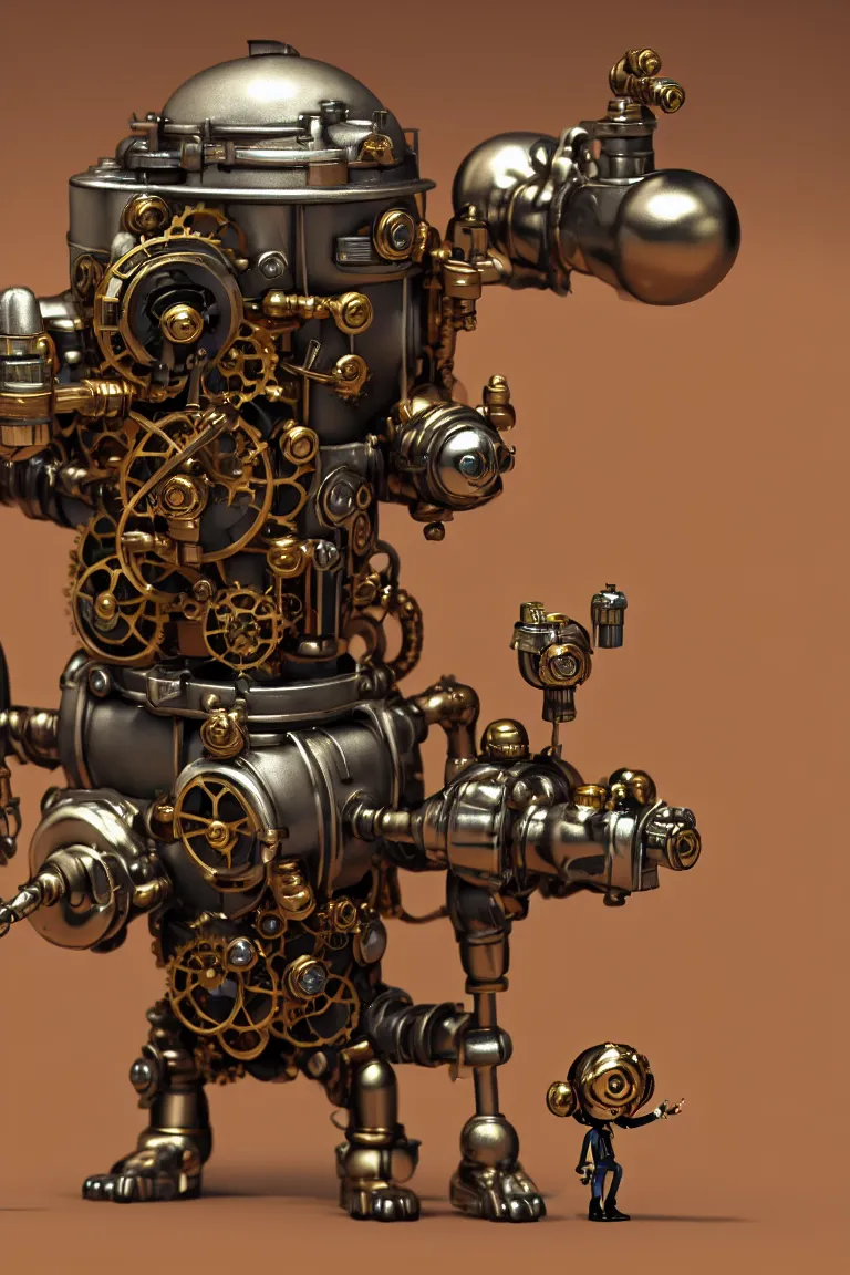 Prompt: a tiny cute steampunk dieselpunk monster with golden pistons and black belts and chrome camshaft pulley and one small red machine gun turret and one tiny missile launcher and one small jet engine and big eyes smiling and waving, back view, isometric 3d, ultra hd, character design by Mark Ryden and Pixar and Hayao Miyazaki, unreal 5, DAZ, hyperrealistic, Cycles4D render, Arnold render, Blender Render, cosplay, RPG portrait, dynamic lighting, intricate detail, summer vibrancy, cinematic, centered, focused, sharp