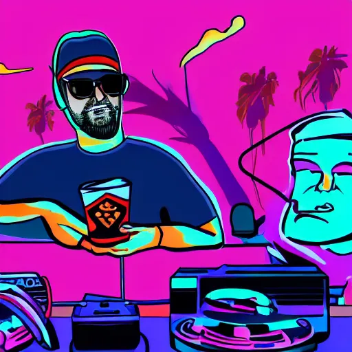 Prompt: ethan klein from h3h3, overweight, hosting a podcast, high quality digital art by mad dog jones, synthwave style