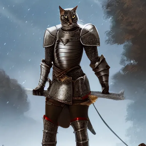 Prompt: a cat wearing a knight armor and posing infront a beautiful landscape. artstation. high details. 4 k.