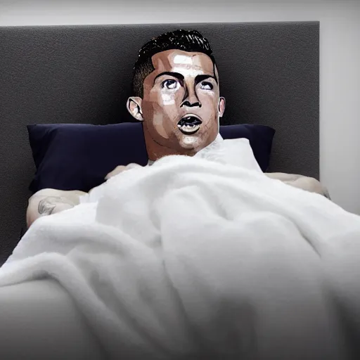 Image similar to hyper realistic image of ronaldo in his bed and he's sick