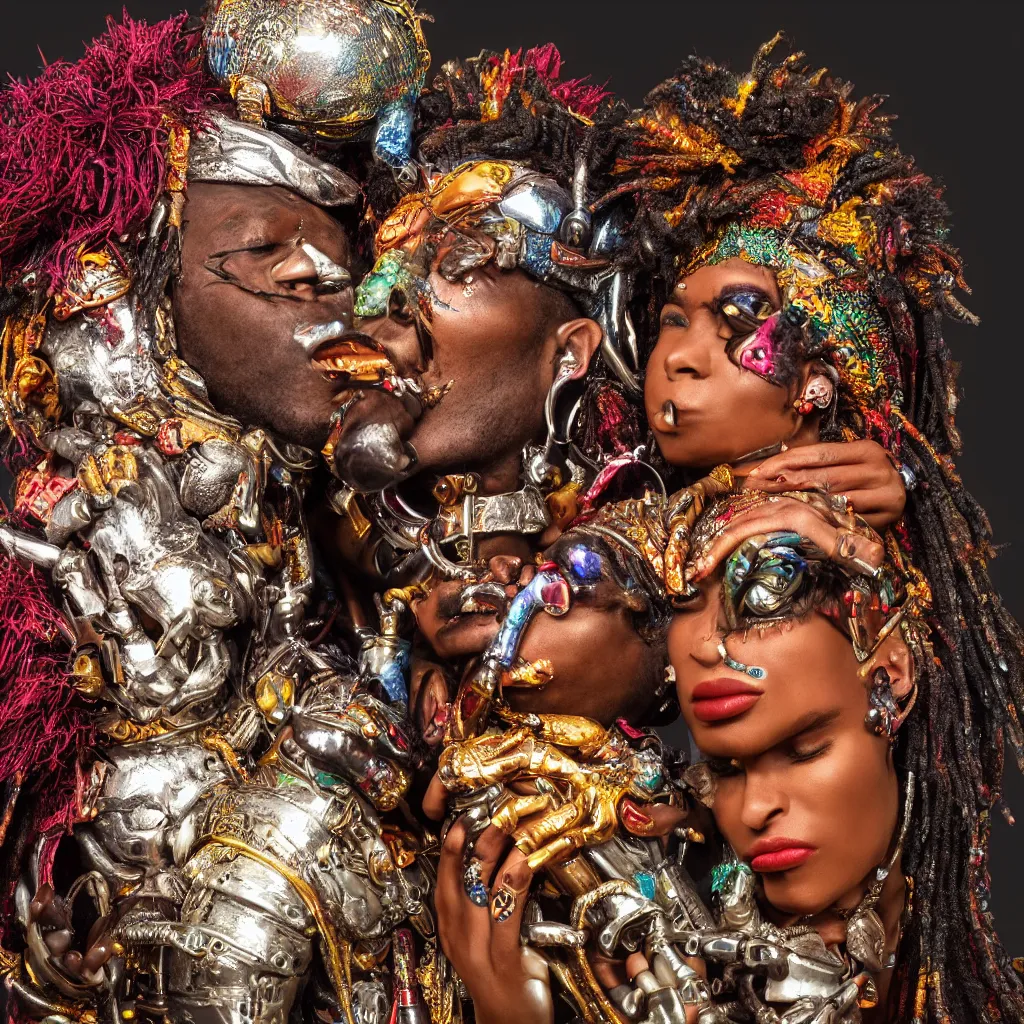 Image similar to a high-resolution color-chrome closeup portrait, hyper realistic African voodoo priest, kissing a incredible elegant alien rococo Queen, ornate jewelled, sci-fi, high-tech, beautiful low light, style Steve McCurry Octane render 8k