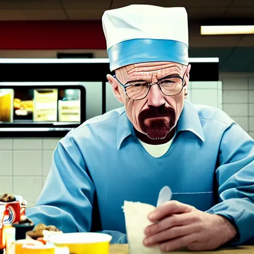 Prompt: walter white working at mcdonalds, photorealistic, highly detailed, sharp focus, 4 k, movie still