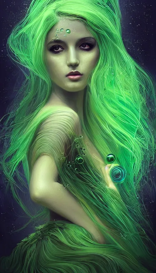 Image similar to unique portrait of magical green ork female , dark fantasy, gradient green black, dreamy and ethereal, (colour) eyes, one head, golden ratio, peaceful expression, ornate frilly dress, fantasy, intricate, elegant, rainbow bubbles, highly detailed, digital painting, artstation, concept art, smooth,b sharp focus, illustration, art by artgerm and greg rutkowski and alphonse mucha