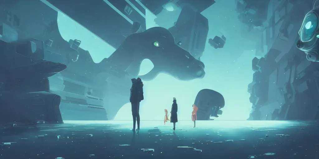 Image similar to sci - fi, matte gouache illustration, gigantic cat speaking to floating women in the air, underwater, cubes of ice around, a lot of tears, people crying, ominous, style by moebius and satoshi kon, full - shot, 8 k
