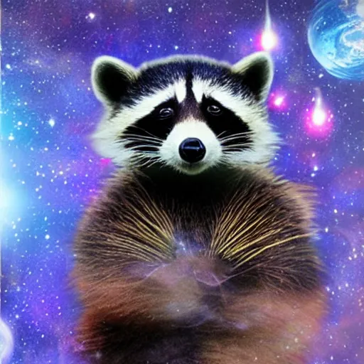 Image similar to cosmic raccoon, poorly photoshopped, meme template