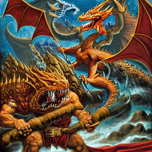 Prompt: a group on adventures fighting a mighty dragon, by Jeff Easley
