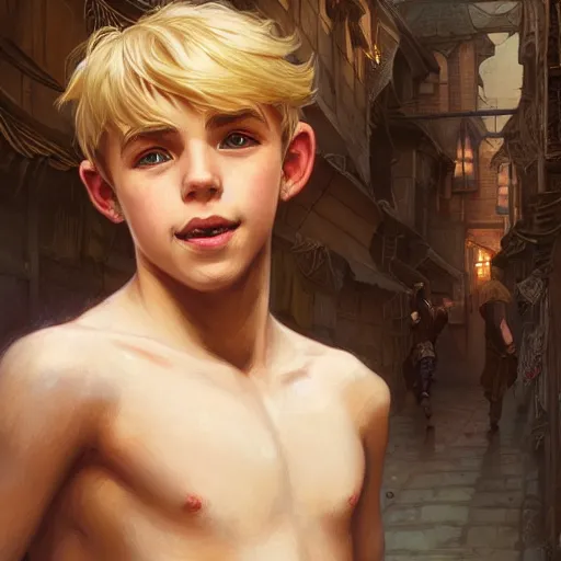 Prompt: portrait of a young boy fantasy thief in the slums of a fantasy city, dirty blonde hair, d & d, fantasy, joyful smirk, intricate, elegant, highly detailed, digital painting, artstation, concept art, matte, sharp focus, illustration, art by artgerm and greg rutkowski and alphonse mucha