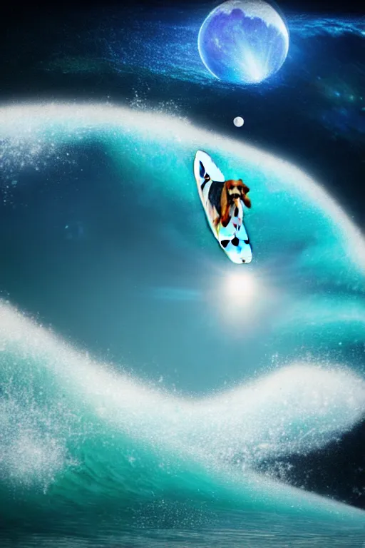 Image similar to beagle dog surfing a surfboard on a sparkly crashing wave of stardust in space, background is a moon in nebula, octane render, unreal engine, wide view, 8 k, highdetaild