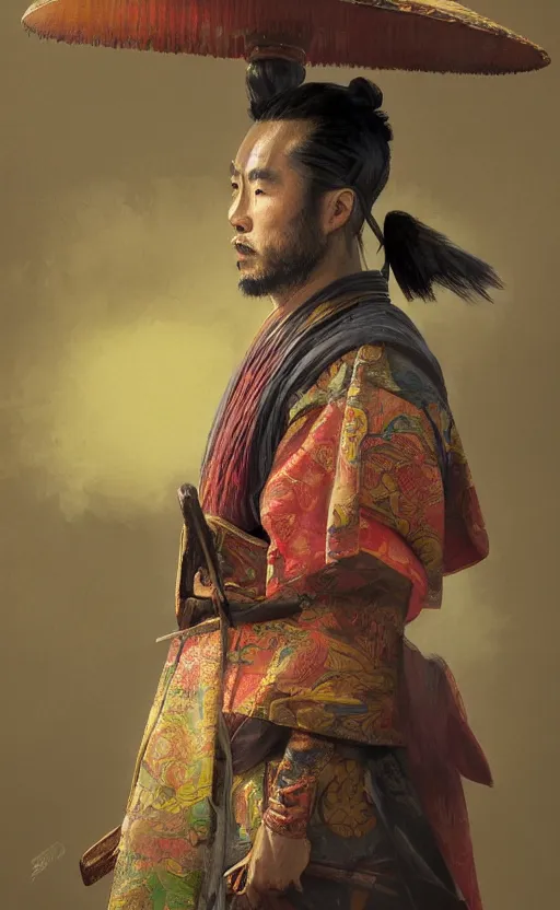 Image similar to portrait of a samurai man wearing multicolored robes, large straw hat, fantasy, highly detailed, cinematic lighting, digital art painting by greg rutkowski