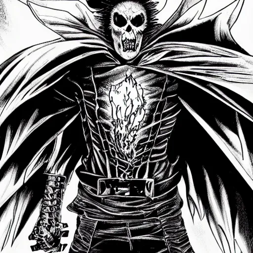 Image similar to Nikolas Cage as a Ghost Rider by Kentaro Miura, highly detailed, black and white