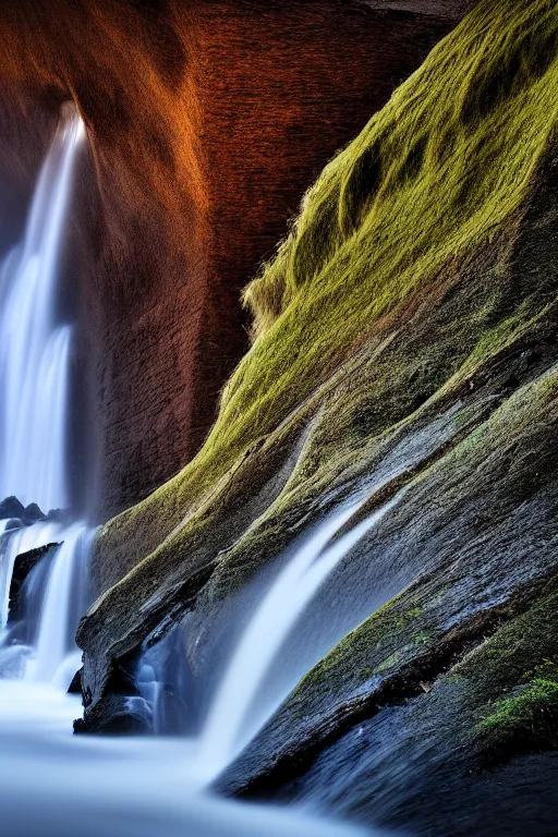 Image similar to An award winning professional photograph of a cliff face with a waterfall, long exposure shot, stunning composition.