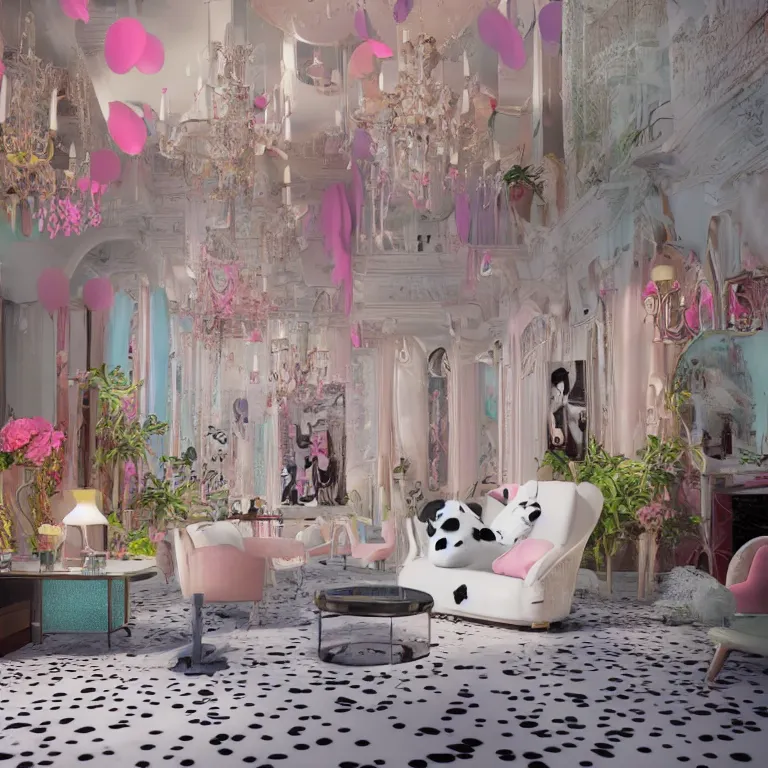Image similar to vogue photoshoot octane render of 1 0 1 dalmatian with white background, focus bright colorful pastel exotic vintage boutique hotel lounge, very short depth of field, bokeh