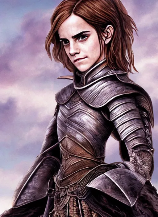 Prompt: Emma Watson as a knight, highly detailed, artstation, art by Kentaro Miura