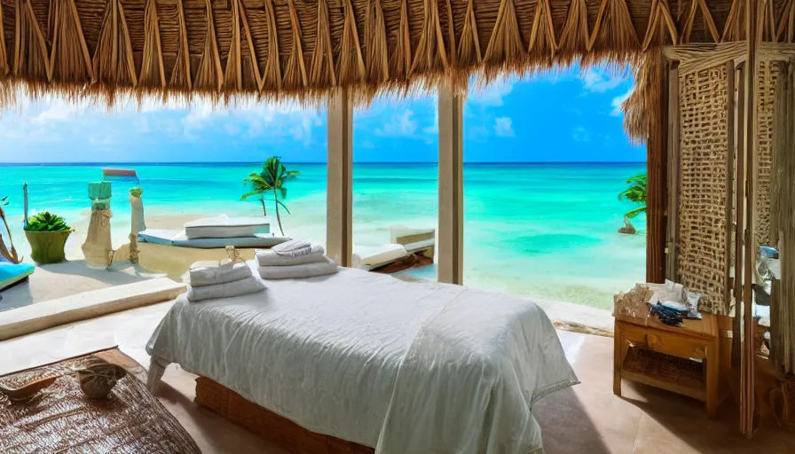 Image similar to A vintage magazine architecture photo of a bedroom in san pedro belize, Mediterranean architecture, refracted lines and sparkles, beach and tropical vegetation on the background, hyperrealistic 8k uhd, award-winning,